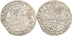 John II Casimir . Szostak (6 groszy) 1661 GBA, Lviv 
Rzadka odmiana bez nominału VI nad tarczami herbowymi. Na awersie z herb Ślepowron bez obwódki.M...