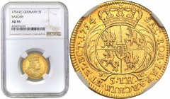 Augustus III the Sas. 5 Taler (thalers) (August d'or) 1754, Leipzig NGC AU55 (MAX) 
Aw.: Popiersie króla w prawo, w koronie i zbroi okrytej płaszczem...
