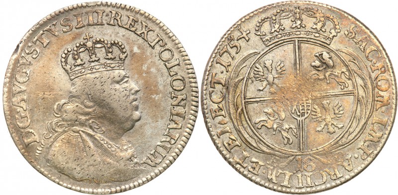 Augustus III the Sas. Ort (18 groszy) 1754, Leipzig RARE 
Niezmiernie rzadki or...