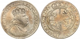 Augustus III the Sas. Ort (18 groszy) 1754, Leipzig RARE 
Niezmiernie rzadki ort z wąskim popiersiem króla. Ten typ monety pojawił się tylko raz w hi...