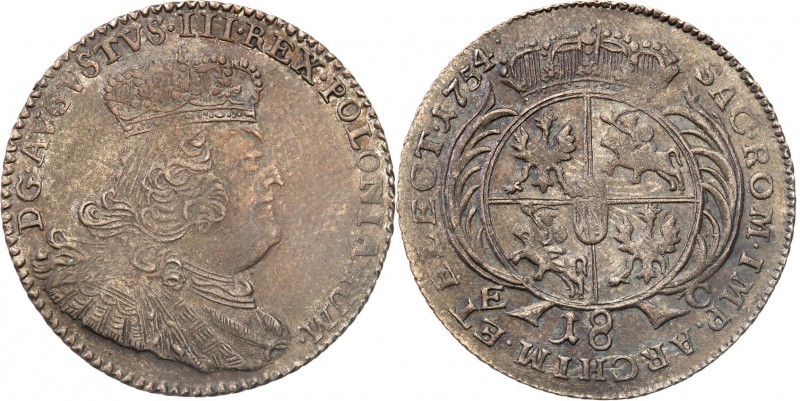 Augustus III the Sas. Ort (18 groszy) 1754, Leipzig 
Aw.: Popiersie króla w pra...