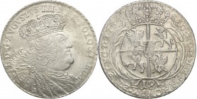 Augustus III the Sas. Ort (18 groszy) 1754 EC, Leipzig 
Szerokie, masywne popiersie króla.Dużo świeżości i połysku. Bardzo ładnie zachowany.Kahnt 687...