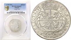 Augustus III the Sas. Ort (18 groszy) 1755, Leipzig PCGS MS62 
Odmiana z szerokim popiersiem i broszą spinającą płaszcz króla złożoną z ośmiu kulek.M...