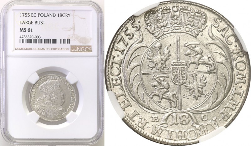 Augustus III the Sas. Ort (18 groszy) 1755, Leipzig NGC MS61 
Odmiana z dużym p...