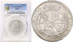 Augustus III the Sas. Ort (18 groszy) 1756, Leipzig PCGS MS63 (2 MAX) 
Odmiana z średnim popiersiem króla i małą płaską koroną. Druga najwyższa nota ...