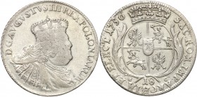 Augustus III the Sas. Ort (18 groszy) 1756, Leipzig 
Odmiana z małym popiersiem króla. Rzadszy rocznik.Połysk w tle, dobre detale.Kahnt 689b
Waga/We...