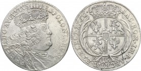 Augustus III the Sas. Ort (18 groszy) 1756 Leipzig 
Duże popiersie króla. Gałązki wieńca skierowane ku koronie.Debre detale, delikatne przetarcie. Rz...