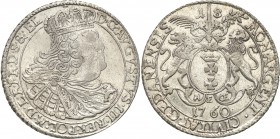 Augustus III the Sas. Ort (18 groszy) 1760, Gdansk / Danzig 
Odmiana z mieczem pomiędzy gałązkami palmowymi i małym wieńcem.Ładnie wybity egzemplarz,...