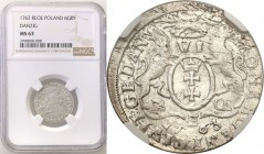 Augustus III the Sas. Szostak (6 groszy) 1763, Gdansk / Danzig NGC MS63 (2 MAX) 
Aw.: Popiersie króla w prawo, w koronie i zbroi okrytej płaszczem sp...