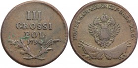 Poland. Trojak (3 grosze) 1794 dla Galicji 
Brązowa patyna, wytarte najwyższe elementy monety.Plage 12 (R); Iger Au.94.1.a
Waga/Weight: Metal: Średn...