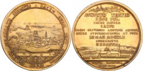 Augustus III the Sas. Medal 1760 r., 100 years of peace in Oliwa 
Aw.: Widok miasta Gdańska z fortyfikacjami, w oddali statki na morzu. W otoku: PACE...