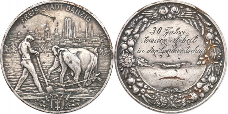 Wolne Miasto Gdansk /Danzig. Medal za prace w rolnictwie 
Aw.: Orka pługiem. W ...