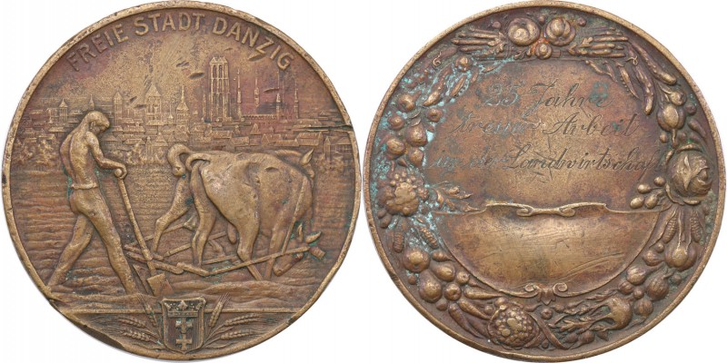 Wolne Miasto Gdansk /Danzig. Medal za prace w rolnictwie 
Aw.: Orka pługiem. W ...