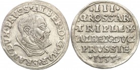 Prussia Duke. Albrecht Hohenzollern. Trojak (3 grosze) 1535, Konigsberg 
Końcówka napisu PRVSS na awersie.Połysk w tle. Dobre detale. Rzadsza moneta ...