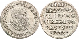 Prussia Duke. Albrecht Hohenzollern. Trojak (3 grosze) 1535, Konigsberg 
Połysk w tle, patyna. Rzadsza moneta.Iger Pr.35.1.e (R1)
Waga/Weight: 2,26 ...