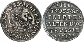 Prussia Duke. Albrecht Hohenzollern. Trojak (3 grosze) 1539, Konigsberg 
Popiersie Alberta z dłuższą brodą.Wiekowa patyna, dobry detal. Ładnie zachow...