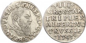 Prussia Duke. Albrecht Hohenzollern. Trojak (3 grosze) 1543, Konigsberg 
Popiersie Alberta z dłuższą brodą. Końcówka napisu PRVS na awersie.Dużo świe...