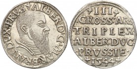 Prussia Duke. Albrecht Hohenzollern. Trojak (3 grosze) 1544, Konigsberg 
Głowa księcia z niskim kołnierzem.Piękny blask menniczy, ostre detale, delik...