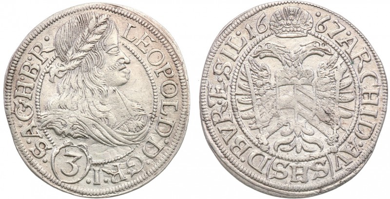 Silesia. Leopold I. (1658-1705). 3 krajcary 1667 SHS, Wroclaw 
Połysk.E.M. 969;...