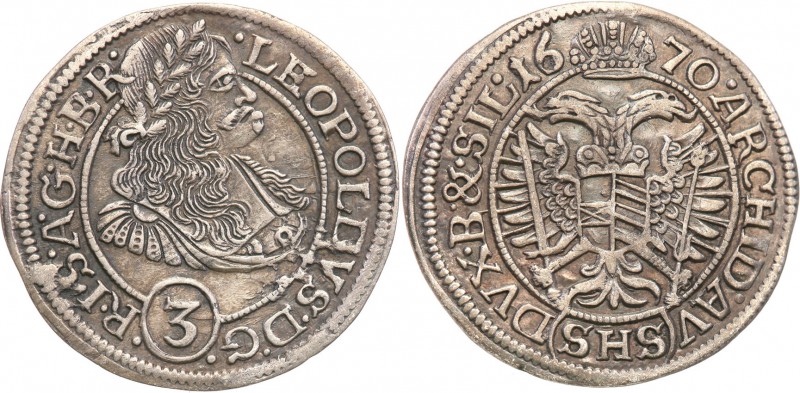 Silesia. Leopold I. (1658-1705). 3 krajcary 1670 SHS, Wroclaw 
Stara patyna. Ła...