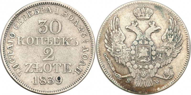 Poland XlX w./Russia. 30 Kopek (kopeck) = 2 zlote 1839 MW, Warsaw 
Aw.: Dwugłow...