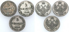 Poland XIX w./Russia. 5 groszy 1840, Warsaw, group 3 pieces 
Patyna, dobre detale, rzadszy rocznik. Jedna moneta w stanie 3+.
Waga/Weight: Ag Metal:...