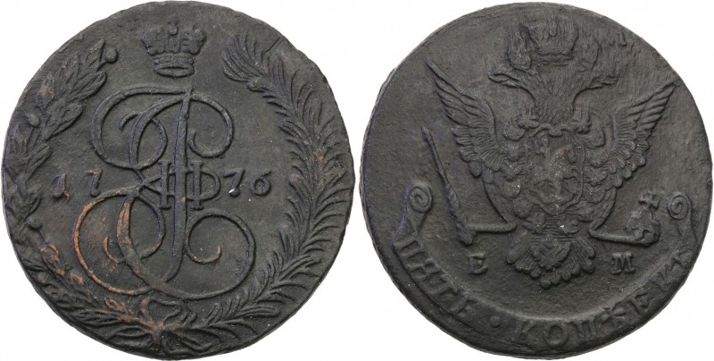 Russia. Catherina II. 5 Kopek (kopeck) 1776 EM, Jekaterinburg 
Aw.: Ukoronowany...