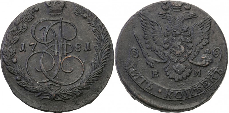Russia. Catherina II. 5 Kopek (kopeck) 1781 EM, Jekaterinburg 
Aw.: Ukoronowany...