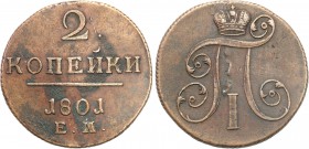 Russia. Paul I. 2 Kopek (kopeck) 1801 EM, Jekaterinburg 
Ładny egzemplarz. Patyna.Bitkin 118
Waga/Weight: 23,26 g Cu Metal: Średnica/diameter: 
Sta...