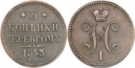 Russia. Nicholas I. 3 Kopek (kopeck) 1843 EM, Jekaterinburg 
Bardzo ładny egzemplarz. Brązowa patyna.Bitkin 542
Waga/Weight: 29,44 g Cu Metal: Średn...