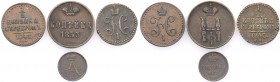 Nicholas I / Alex. I Russia. Połuszka 1858, 2 x 1/2 Kopek (kopeck) (1841+1843), kopiejka 1853, kopiejka 1853, Petersburg 
Zestaw 4 monet.Patyna
Waga...