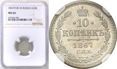Russia. Alexander II. 10 Kopek (kopeck) 1867 HI, Petersburg NGC MS64 
Idealnie zachowana moneta. Połysk, delikatna patyna.Bitkin 251
Waga/Weight: Me...