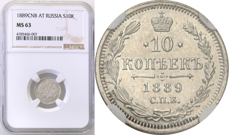 Russia. Alexander III. 10 Kopek (kopeck) 1889 АГ, Petersburg NGC MS63 
Piękny, ...