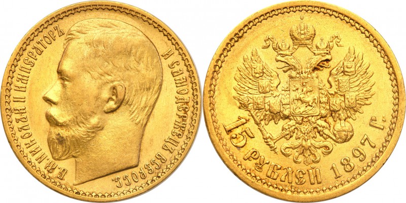 Russia, Nicholas ll. 15 Rubel (Rouble) 1897 АГ, Petersburg 
Aw.: Głowa cara w l...