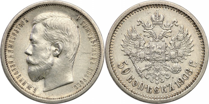 Russia. Nicholas II. 50 Kopek (kopeck) (1/2 Rubel (Rouble) 1908 ЭБ, Petersburg ...