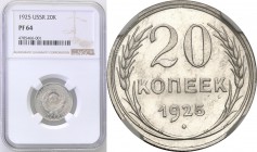 Russia. ZSRR. 20 Kopek (kopeck) 1925 NGC PF64 (2 MAX) 
Druga najwyższa nota gradingowa na świecie.Idealnie zachowana moneta wybita stemplem lustrzany...