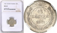Russia. ZSRR. 15 Kopek (kopeck) 1921 NGC MS63 
Idealnie zachowana moneta. Połysk, delikatna patyna.
Waga/Weight: Metal: Średnica/diameter: 
Stan za...
