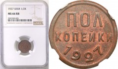 Russia ZSRS. 1/2 Kopek (kopeck) 1927 NGC MS66 RB (MAX) 
Najwyższa nota gradingowa na świecie. Idealnie zachowana moneta.
Waga/Weight: Metal: Średnic...