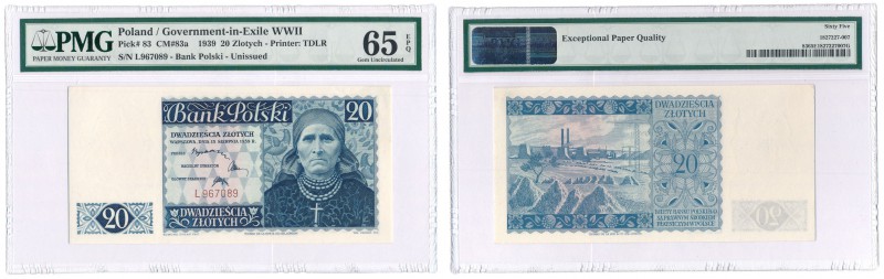Banknote. Emigration 20 zlotych 1939 seria L PMG EPQ 65 (MAX) RARE R6 
Najwyższ...