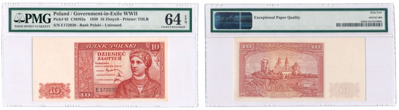 Banknote. Emigration 10 zlotych 1939 seria E PMG EPQ 64 (MAX) RARE R6 
Najwyższ...