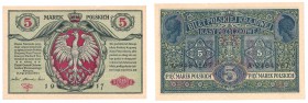 5 marek polskich 1916 Generał biletów seria A" 
Sztywny papier, delikatne ugięcia górnych rogów. Bardzo dobra prezencja. Rzadki banknot, zwłaszcza w ...