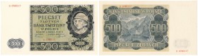 500 zlotych 1940 seria B 
Drobne zagniecenia na górnym marginesie. Sztywny papier. Bardzo dobra prezencja.Lucow 801 (R2): Miłczak 98a
Waga/Weight: M...