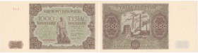 Banknote. 1000 zlotych 1947 seria E 
Piękny egzemplarz. Sztywny papier. Minimalne zaokrąglone rogi i zagniecenie przy lewym boku. Rzadki.Miłczak 133a...