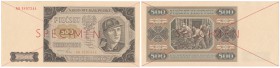 Banknote. SPECIMEN / WZOR 500 zlotych 1948 seria AA (R5) 
Seria AA, numeracja 1877344. Obustronny czerwony nadruk SPECIMEN i przekreślenie.Pięknie za...