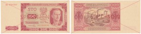 Banknote. SPECIMEN / WZOR 100 zlotych 1948 seria AG - RARE R6 
Seria AA, numeracja1234567/8900000. Obustronny czerwony nadruk SPECIMEN i przekreśleni...