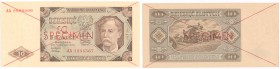 Banknote SPECIMEN / WZOR 10 zlotych 1948 seria AA (R6) 
Seria AA, numeracja kolejna 1234567/8900000. Obustronny czerwony nadruk SPECIMEN i przekreśle...