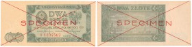Banknote. SPECIMEN / WZOR 2 zlote 1948 seria B - RARE R6 
Seria B, numeracja kolejna 1234567. Obustronny czerwony nadruk SPECIMEN i przekreślenie. Wi...