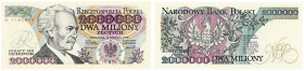 2.000.000 zlotych 1992 seria A 
Seria A, numeracja 1140694, na stronie odwrotnej błąd - „KONSTYTUCYJY”Idealnie zachowany banknot.Lucow 1549 (R5); Mił...