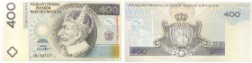 Banknote testowy PWPW. 400 zlotych 1996, seria AB 
Seria AB, numeracja 1687071.&nbsp;Rzadki i poszukiwany banknot w idealnym stanie zachowania.Lucow ...