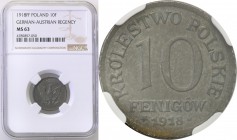 Polish Kingdom. 10 fenig 1918 F, Iron NGC MS63 (2 MAX) 
Druga najwyższa nota gradingowa na świecie. Tylko jeden egzemplarz oceniony wyżej.Dość pospol...
